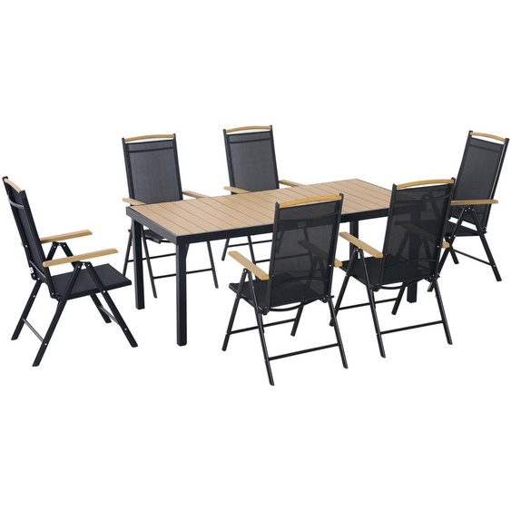 Ensemble de jardin en aluminium, composé de : - 6 chaises pliantes, réglables en 7 positions, - 1 table de 190x90 cm, pour 6 personnes, - Plateau de table imitation bois, - Capacité de charge de 130 kg, - Design compact et gain de place