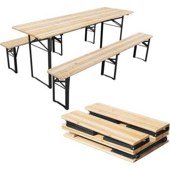 Ensemble de jardin en bois – Table pliante avec 2 bancs pliants, ensemble de jardin pliable en bois avec structure en acier robuste, idéal pour le jardin, la terrasse et le camping