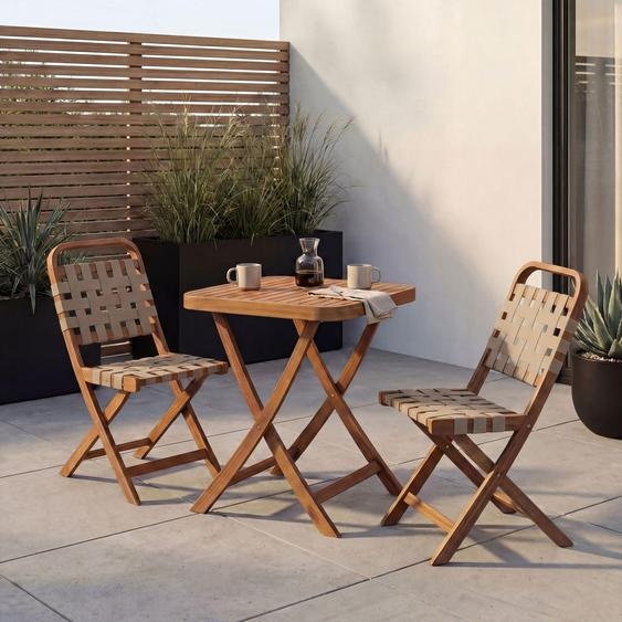 Ensemble de jardin HWC-P70, ensemble de sièges Ensemble de balcon 2 chaises Table, tressage en corde Bois dacacia pliable ~ naturel, crème