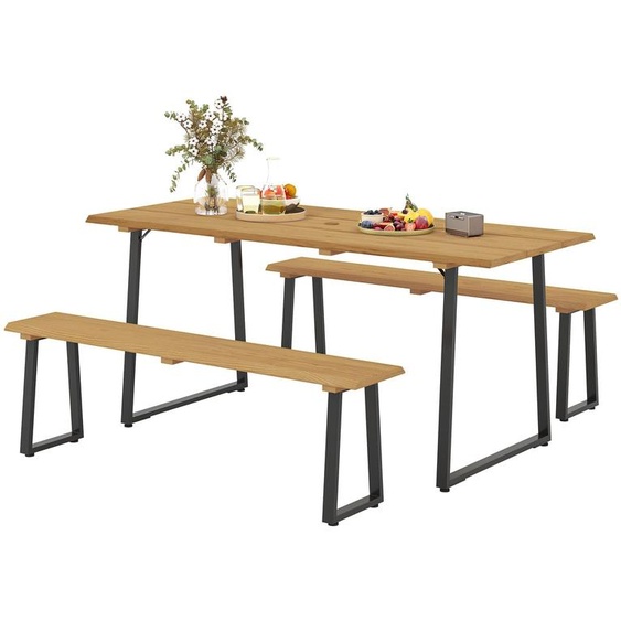 Ensemble de jardin pour 6 personnes, comprenant 2 bancs. Couleur : marron, noir. Dimensions : 178 x 76 x 77 cm