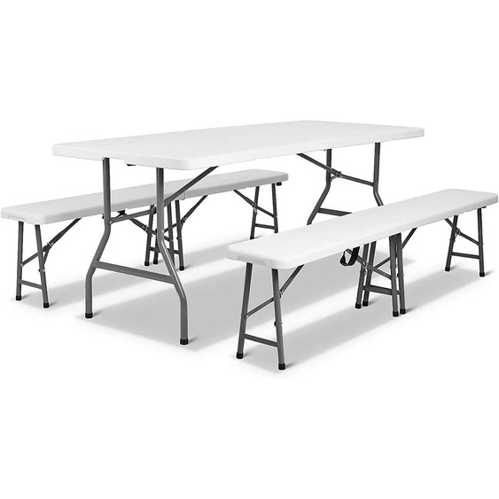 Ensemble de jardin pour salon - Table pliante avec 2 bancs - Set de camping - 180,5 x 75,5 x 73 cm - Plateau en plastique étanche - Structure en métal - Blanc