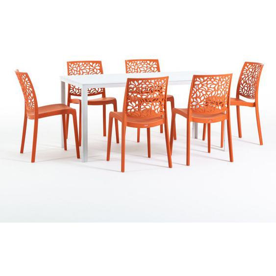 Ensemble de jardin - Thomas - 6 chaises Anna - Structure en fer - Plateau effet bois - Empilables