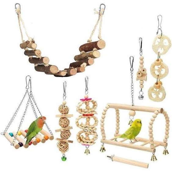 Ensemble de jouets pour cage doiseaux Unyqoos® comprenant 8 pièces : bois, rotin et loofah ; 3 jouets à mâcher, 1 clochette suspendue, 3 balançoires et 1 perche pour perroquets, canaris et petits perroquets