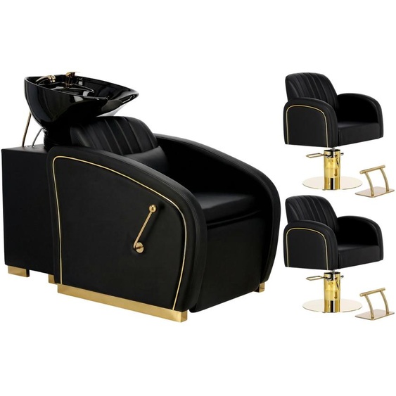Ensemble de lavage de salon de coiffure et 2 x fauteuil de coiffeur hydraulique pivotant avec repose-pieds pour salon de coiffure, bac de lavage mobile en céramique, robinetterie, douchette.