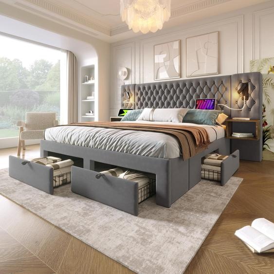 Ensemble de lit, lit rembourré double 180 x 200 cm, avec 2 tables de chevet, 4 tiroirs, tête de lit avec lampe de lecture et prise USB, velours, sans matelas, gris
