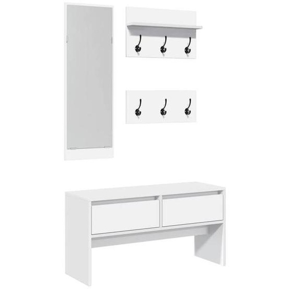 Ensemble de meubles de couloir banc avec tiroirs porte manteaux et miroir en bois d ingenierie blanc DEC024964
