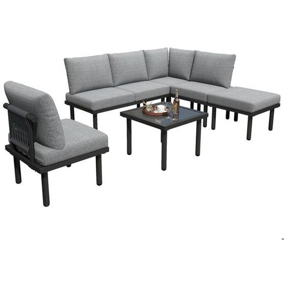 Ensemble de meubles de jardin 6 personnes corde tressée gris pieds réglables table en verre coussins dassise et de dossier