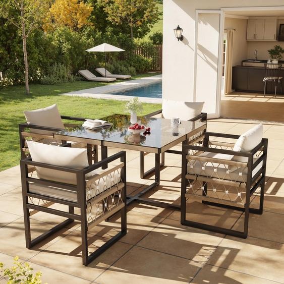 Ensemble de meubles de jardin Fliek 5 pièces pour 4 personnes, ensemble salon de jardin avec coussins, table de jardin avec plateau en verre, ensemble de salle à manger tressé à la main, noir