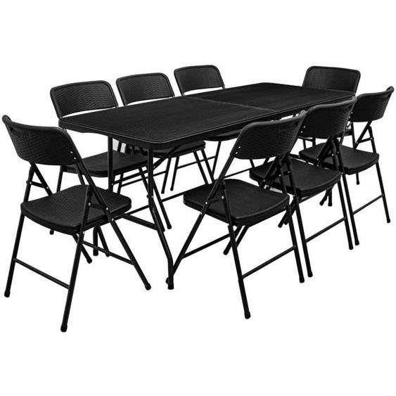 Ensemble de meubles de jardin Table de 180cm 8 chaises Pliable Aspect Rotin Noir