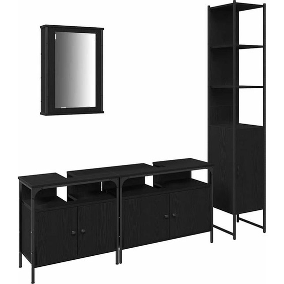 Ensemble Meubles de Salle de Bain 4 pcs, Rangement Mural, Bois dIngénierie, Miroir & Meubles Sous Lavabo, Chêne Noir, 33x33x185,5 cm
