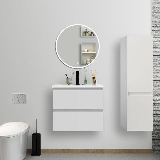 Ensemble de meubles de salle de bain, 60*38,5*52cm, meuble avec vasque + miroir LED rond + meuble colonne 110cm, blanc