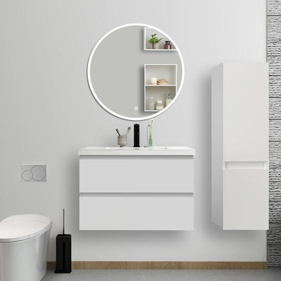 Ensemble de meubles de salle de bain, 79*46*52cm, meuble avec vasque + miroir LED rond + meuble colonne 110cm, blanc