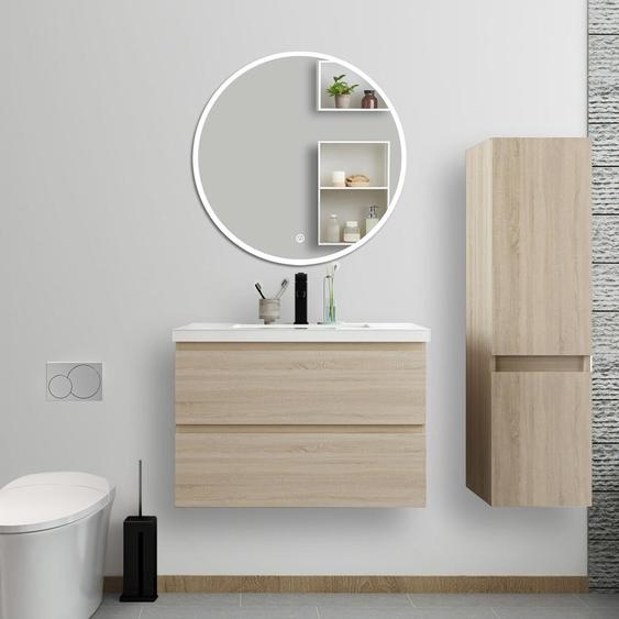 Ensemble de meubles de salle de bain, 79*46*52cm, meuble avec vasque + miroir LED rond + meuble colonne 110cm, Chêne