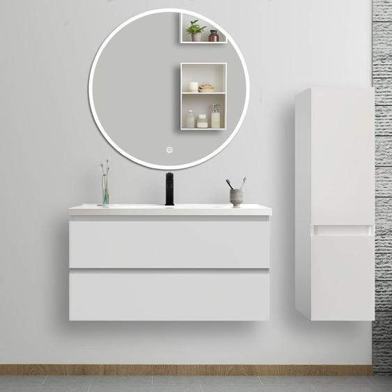 Ensemble de meubles de salle de bain, 99*46*52cm, meuble avec vasque + miroir LED rond + meuble colonne 110cm, blanc
