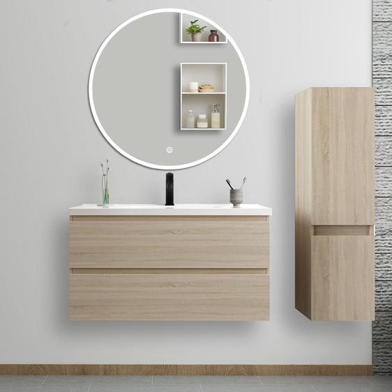 Ensemble de meubles de salle de bain, 99*46*52cm, meuble avec vasque + miroir LED rond + meuble colonne 110cm, Chêne