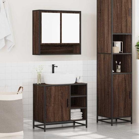Ensemble de meubles de salle de bain - Meuble sous vasque - Armoire à miroir - Meuble de salle de bain - Rangement - Aspect bois chêne, couleur marron