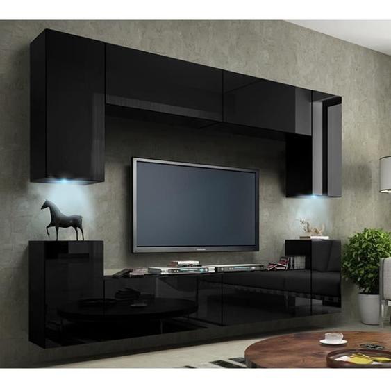 Ensemble de meubles de salon - CEPTO - Noir - 240cm - 8 portes - 6 étagères