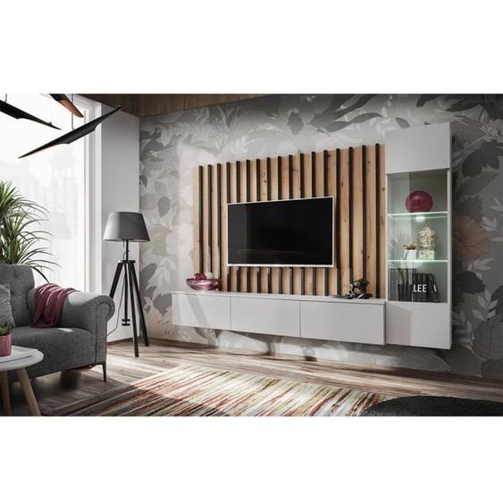 Ensemble de meubles de salon suspendus avec fond mural décoratif collection TASHYA. Couleur chêne, gris perle et noir