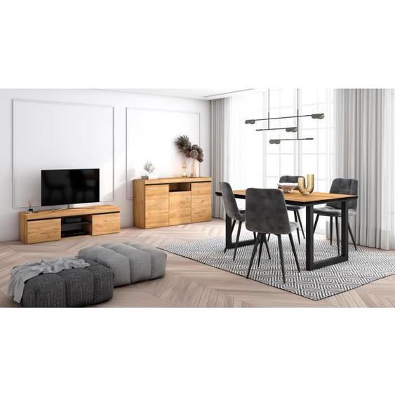 Ensemble de meubles de salon, Table 140 Front Noir pieds U 6 convives, Meuble TV 140, Buffet 140, Chêne et Noir, RF1259