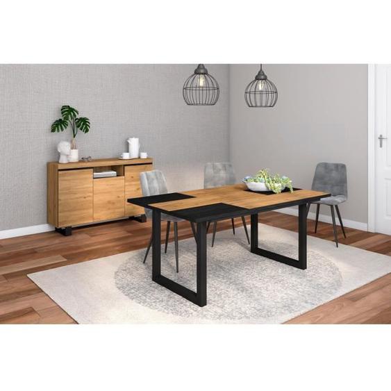 Ensemble de meubles de salon, Table 170 Bicolore pieds U 8 convives, Crédence / Buffet 140 Tall, Chêne et Noir, RF1300