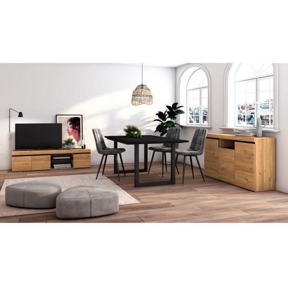 Ensemble de meubles de salon, Table 170 Noire pieds U 8 convives, Meuble TV 160, Buffet 140, Chêne et Noir, RF1227