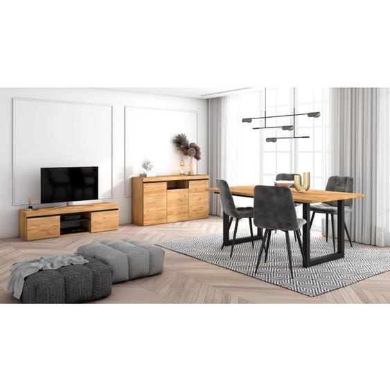 Ensemble de meubles de salon, Table 170 pieds U 8 convives, Meuble TV 140, Crédence / Buffet 140, Chêne et Noir, RF1289