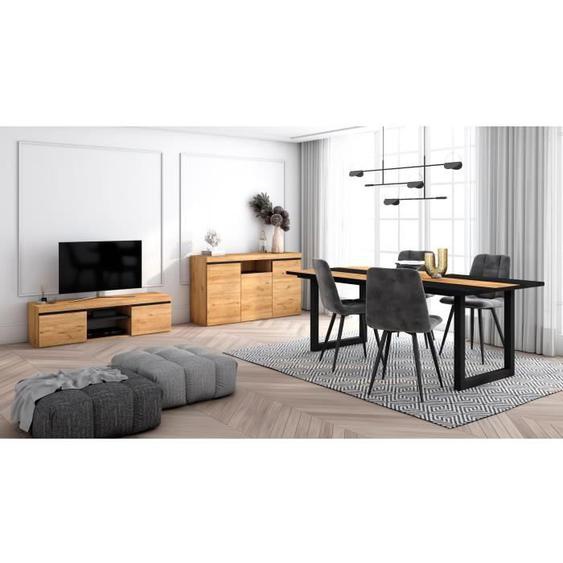 Ensemble de meubles de salon, Table 200 Bicolore pieds U 10 convives, Meuble TV 140, Buffet 140, Chêne et Noir, RF1310