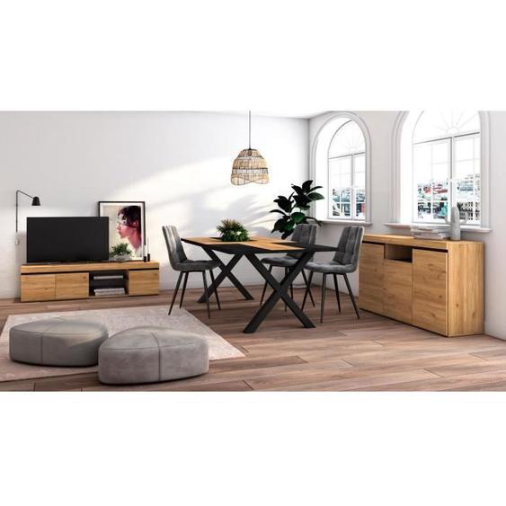 Ensemble de meubles de salon, Table 200 Bicolore pieds X 10 convives, Meuble TV 160, Buffet 140, Chêne et Noir, RF1262