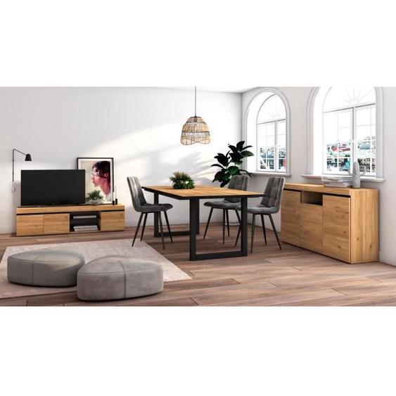 Ensemble de meubles de salon, Table 200 Front Noir pieds U 10 convives, Meuble TV 160, Buffet 140, Chêne et Noir, RF1235
