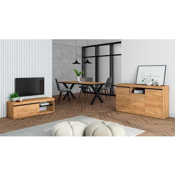 Ensemble de meubles de salon, Table 200 Front Noir pieds X 10 convives, Meuble TV 120, Buffet 140, Chêne et Noir, RF1274
