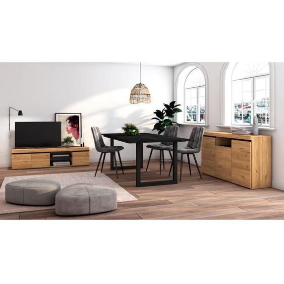 Ensemble de meubles de salon, Table 200 Noire pieds U 10 convives, Meuble TV 160, Buffet 140, Chêne et Noir, RF1278