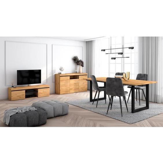 Ensemble de meubles de salon, Table 200 pieds U 10 convives, Meuble TV 140, Crédence / Buffet 140, Chêne et Noir, RF1237