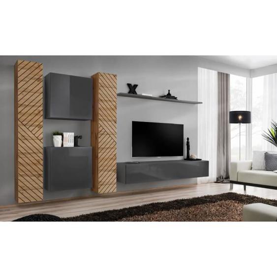 Ensemble de meubles muraux - Deconation - Switch VI - 6 pièces - Bois - Beige et Gris - L 330 x H 180 x P 40 cm