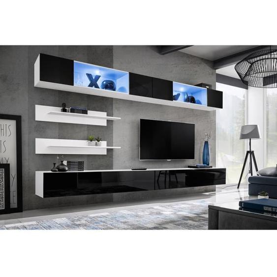 Ensemble de meubles suspendus FLY - PRICE FACTORY - 180 cm - Blanc et Noir - 4 portes - LEDS