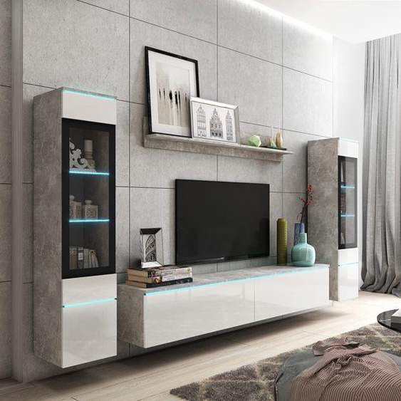 Ensemble De Meubles TV Design Moderne Blanc Béton + Éclairage LED + Rangements + Placards + Étagères  Séjour Salon