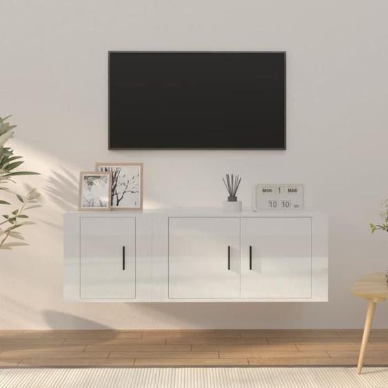 Ensemble de meubles TV - MOTHINESSTO - 2 pcs - Bois dingénierie - Blanc brillant - Classique