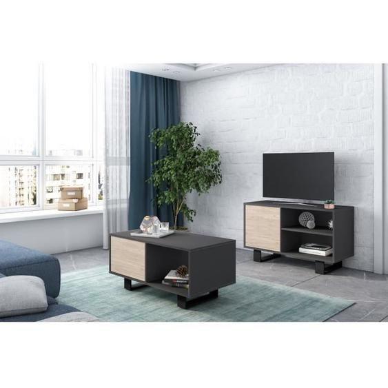 Ensemble de meubles WIND - SKRAUT HOME - Meuble TV100 et Table Basse - Gris/Chêne - pieds noirs
