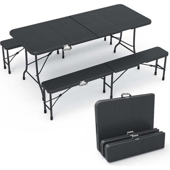 Ensemble de mobilier de brasserie pliable VOUNOT® 3 pièces, comprenant 1 table et 2 bancs, ensemble de mobilier de fête dappoint aspect rotin, mobilier de jardin, ensemble de camping, noir