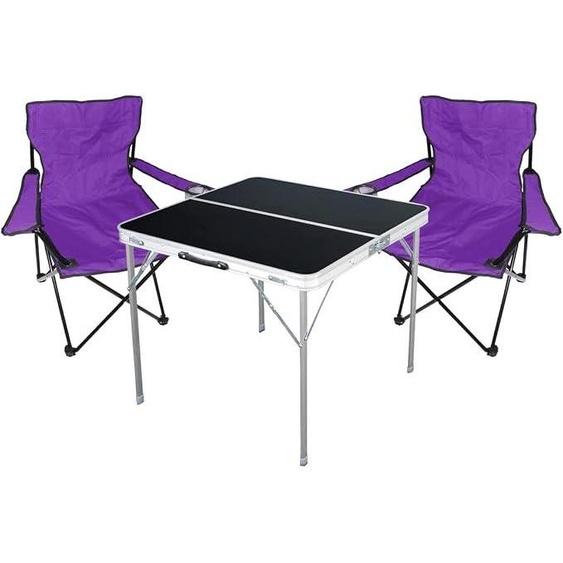 Ensemble de mobilier de camping 3 pièces, aluminium, 80x80x70 cm : 1 table de camping noire avec poignée de transport + 2 chaises de pêcheur, chaises pliantes, chaises de camping, couleur violette