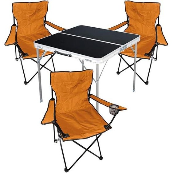 Ensemble de mobilier de camping 4 pièces, aluminium, 80x80x70 cm : 1 table de camping noire avec poignée de transport + 3 chaises de pêcheur, chaises pliantes, chaises de camping, couleur orange