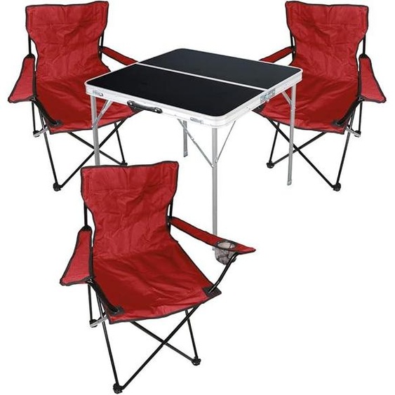 Ensemble de mobilier de camping 4 pièces, aluminium, 80x80x70 cm : 1 table de camping noire avec poignée de transport + 3 chaises de pêcheur, chaises pliantes, chaises de camping, couleur rouge