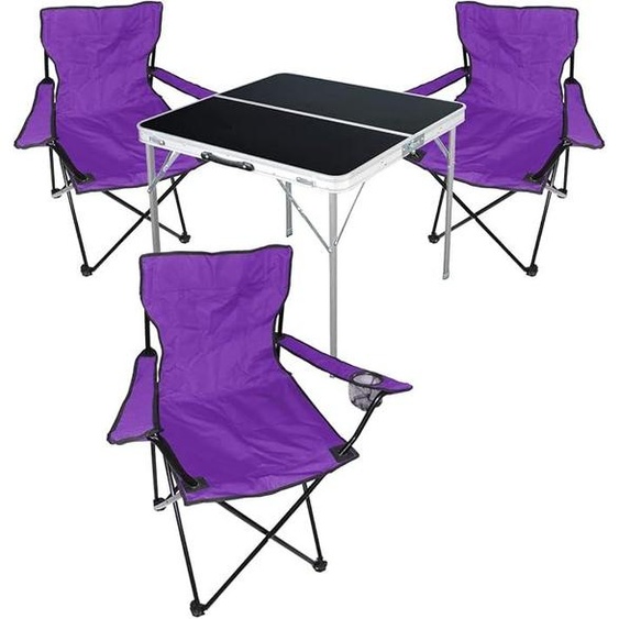 Ensemble de mobilier de camping 4 pièces, aluminium, 80x80x70 cm : 1 table de camping noire avec poignée de transport + 3 chaises de pêcheur, chaises pliantes, chaises de camping, couleur violette