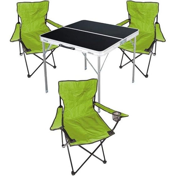 Ensemble de mobilier de camping 4 pièces, aluminium, 80x80x70 cm : 1 table de camping noire avec poignée de transport + 3 chaises de pêcheur, chaises pliantes, couleur vert citron