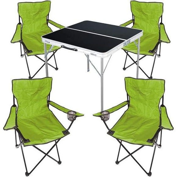 Ensemble de mobilier de camping 5 pièces, aluminium, 80x80x70 cm : 1 table de camping avec poignée de transport + 4 chaises de pêcheur, chaises pliantes, couleur vert citron