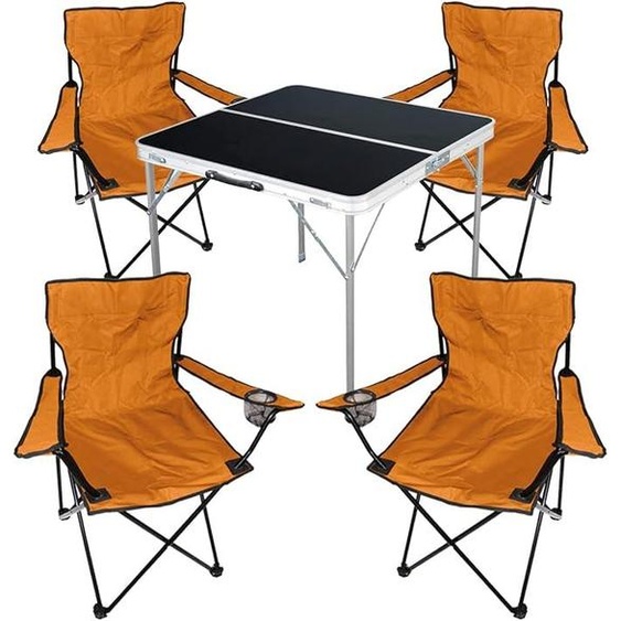 Ensemble de mobilier de camping 5 pièces, aluminium, 80x80x70 cm : 1 table de camping noire avec poignée de transport + 4 chaises de pêcheur, chaises pliantes, chaises de camping, couleur orange