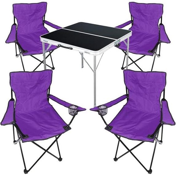 Ensemble de mobilier de camping 5 pièces, aluminium, 80x80x70 cm : 1 table de camping noire avec poignée de transport + 4 chaises de pêcheur, chaises pliantes, chaises de camping, couleur violette