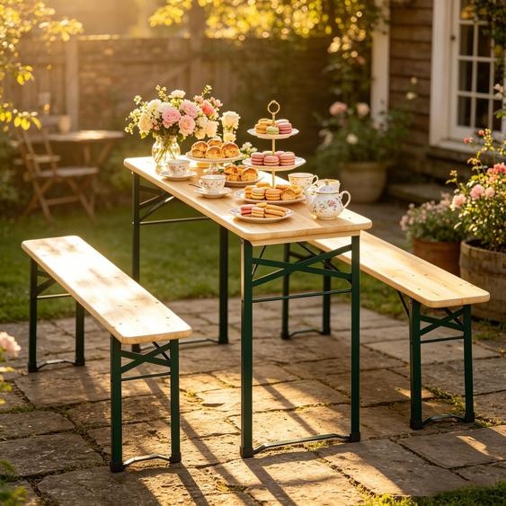 Ensemble de mobilier de fête confortable, mobilier de jardin et de brasserie, table et banc pliants, idéal pour le jardin, la terrasse et les fêtes en plein air