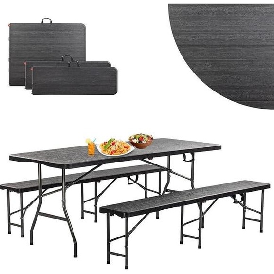 Ensemble de mobilier de jardin 3 pièces : table + 2 bancs. Convient pour lintérieur et lextérieur. Pliable avec poignées de transport. Dimensions (H x L x P) : 73 x 180 x 75 cm. Table de jardin (modèle DIV-200/WOOD)