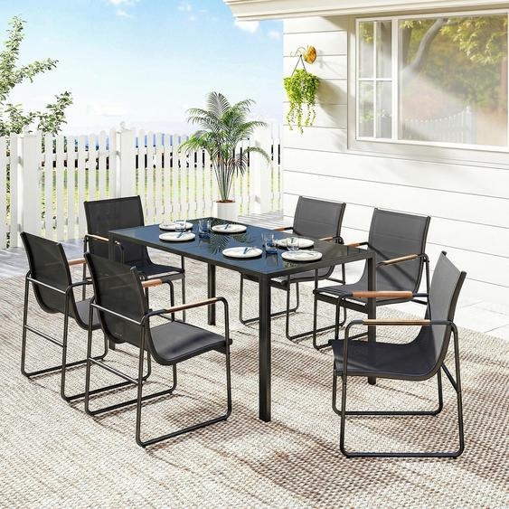 Ensemble de mobilier de jardin, 7 pièces, comprenant une table en verre et 6 chaises. Structure en acier avec revêtement en tissu mesh, couleur noire. Dimensions : 150 x 80 x 73 cm. Capacité de charge : jusquà 26 kg. Résistant aux intempéries