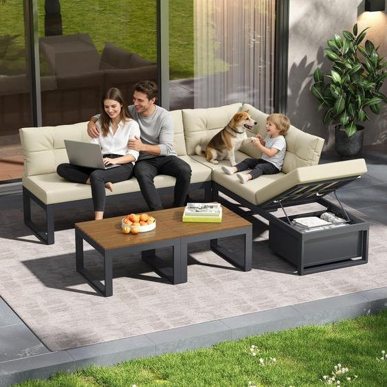 Ensemble de mobilier de jardin avec espace de rangement et coussins confortables – Mobilier de terrasse avec dossier réglable sur 3 positions et fonction dinclinaison, beige
